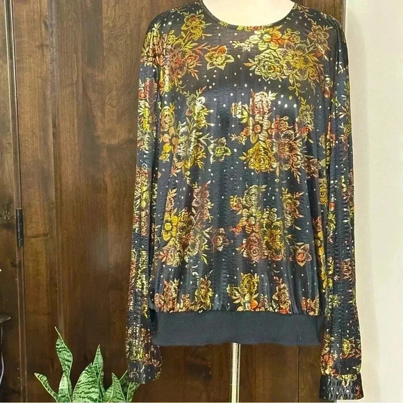 Vintage Ms. Bind plus size Womes 2x long sleeve disco blouse metallic floral - Picture 1 of 9